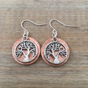 Tree of life copper and silver earrings, 7th anniversary gift for wife