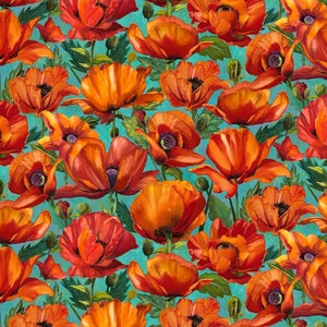 Poppies Charisma Turquoise Multi 0.5m cotton fabric from Northcott