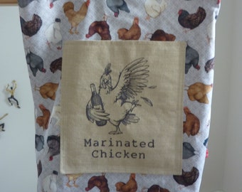 Reversible bag, BBQ, chickens in a celebratory mood, carrying bag, cloth bag, reversible, embroidery and outer pocket