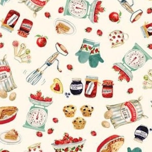 May include: A white background with a repeating pattern of various baking and kitchen items. The pattern includes jars of jam, a scale, a whisk, a pie, a bag of flour, a bowl of strawberries, and a heart-shaped cookie cutter.