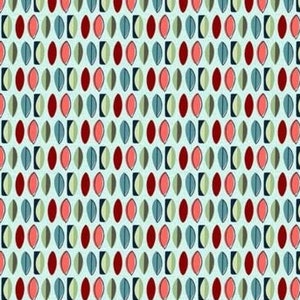 以下が含まれることがあります： 薄い青色の背景に、ターコイズ、グリーン、レッド、ブラックの抽象的な形が繰り返しパターンで配置されています