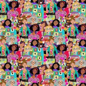 Könnte beinhalten: Ein farbenfrohes und skurriles Muster mit einem sich wiederholenden Design von Frauen mit verschiedenen Frisuren und Kleidung. Jede Frau hält einen Quiltblock mit einer Vielzahl von Mustern und Farben. Der Hintergrund ist mit Blumen, Blättern und anderen dekorativen Elementen gefüllt.