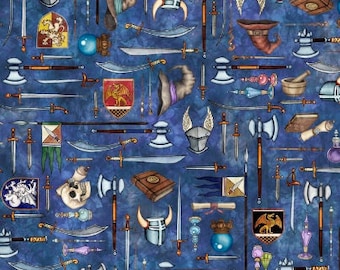 Medieval Dragons Dragon Quest & Knight Toss BLUE Knight Age 0.5 Meter Cotton Fabric Quilting Treasures