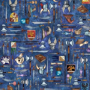 May include: A blue background with a repeating pattern of various fantasy-themed items, including swords, shields, helmets, potions, and other magical objects.