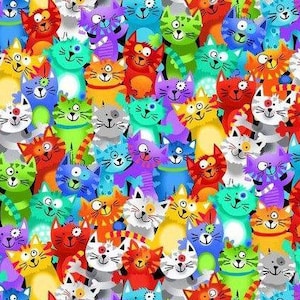 Puede incluir: Un patrón colorido de gatos de dibujos animados con diferentes expresiones y colores. Los gatos están dispuestos en un patrón aleatorio y todos miran hacia adelante. El fondo es negro.