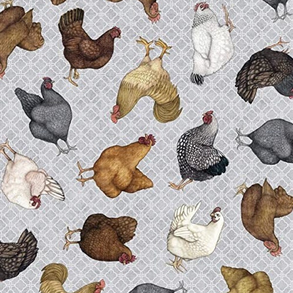 Poulets et coq, tissu de coton de 0,5 mètre, Quilting Treasures, Dan Morris, Chicken Run