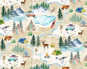 REST Lake House Map Happy Camper Yellowstone  Landkarte Canada   Wanderung 0,8 Meter Baumwollstoff von Timeless