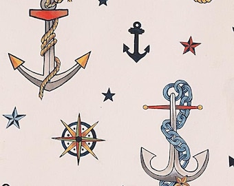 Nautical Cotton Fabric Alexander Henry Anchored Tan 0.5 Meter Neptune Mermaid