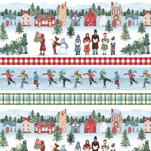 Könnte beinhalten: Ein sich wiederholendes Muster mit einer Winterdorf-Szene mit Häusern, Bäumen und Menschen. Das Design umfasst Eisläufer, Weihnachtssänger und einen Schneemann, mit rot-grünen Karobordüren. Das Gesamtthema ist ein festlicher Winterurlaub.