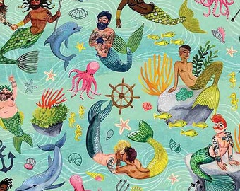 Underwater World Neptune Mermaid Aquarius Treasure Chest Sick 0.5 meter cotton fabric by Dear Stella Fabrics