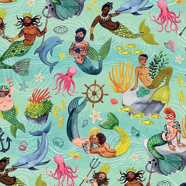 Unterwasserwelt Neptun Mermaid  Wassermann  Schatzkiste  Kranken  0,5 Meter Baumwollstoff von Dear Stella Fabrics