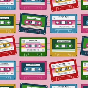 Music Cassettes Press Play 0.5 Meter Cotton Fabric Paintbrush Fabrics 80s Retro