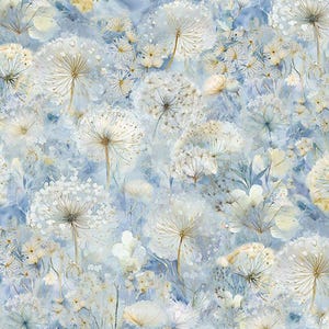 May include: A watercolour pattern of white dandelion seed heads and small yellow flowers on a soft blue background. The design has a dreamy, ethereal quality, with a focus on natural elements and a delicate colour palette.