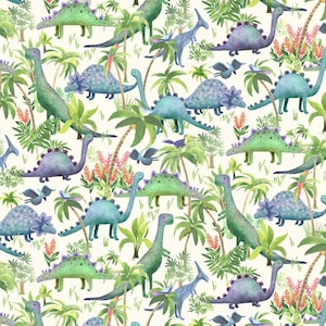 Op de afbeelding: Een naadloos patroon met aquarel illustraties van dinosaurussen en palmbomen op een witte achtergrond. De dinosaurussen zijn in tinten blauw en groen, en de palmbomen zijn in tinten groen. Het patroon is perfect voor stof, behang of inpakpapier.