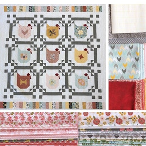 May include: A quilt pattern featuring a patchwork design of chickens in various colours and patterns. The quilt is made with a variety of fabrics, including floral prints, geometric patterns, and solid colours. The quilt is surrounded by a border of fabric strips in different colours and patterns.