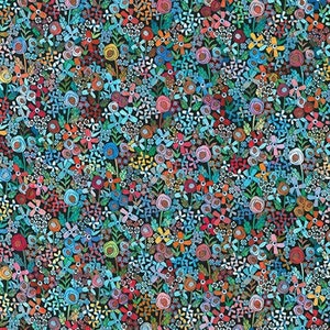 Könnte beinhalten: Ein farbenfrohes Blumenmuster mit einer Vielzahl von Blüten in Blautönen, Rot, Rosa, Gelb und Grün auf schwarzem Hintergrund.