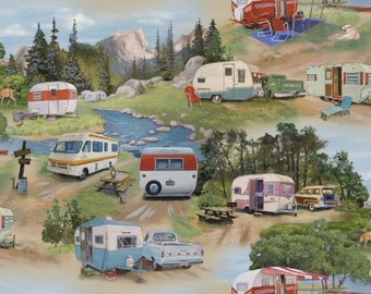 Happy Camper Motorhomes Home Sweet Trailer On the road again 0.5 meter cotton fabric by Elizabeth Studio