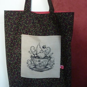 Reversible bag little gnome in a teacup carrying bag fabric bag reversible with embroidery and outside pocket GARDEN Gnome