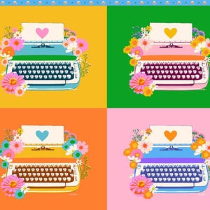 Könnte beinhalten: Eine farbenfrohe Illustration mit vier Quadraten, die jeweils eine Vintage-Schreibmaschine mit Blumen zeigen. Die Schreibmaschinen sind blau, rosa, gelb und blau, jede mit einem andersfarbigen Herz auf dem Papier. Die Hintergründe sind gelb, grün, orange und rosa.