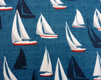 Maritime, Sea View, Makower, Sail Boat, Patchwork, 0,5 Meter, Cotton, Navy, Harbor, Port