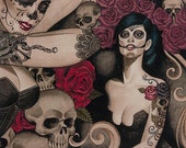 Las Elegantes, Alexander Henry, skulls. Skulls and Roses, 1 meter, cotton, smoke