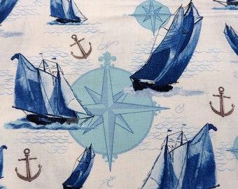 Maritime, Sailboats, Quilting Treasures, Patchwork, 1 Meter, Navy, Harbor, Port, Cotton