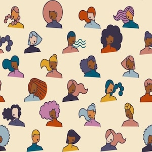 Può includere: Uno schema senza cuciture con illustrazioni colorate di persone con diversi stili di capelli e tonalità della pelle. Lo sfondo è di colore beige chiaro.