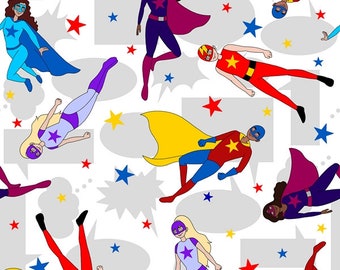 Superheros wear Masks, 0.5 meter cotton fabric, blank quilting, heroes, comic text,