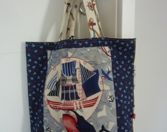 Reversible bag Ahoi Sailor XL duffel bag on a long journey sailor fabrics by Alexander Henry