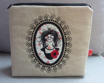 Cosmetic bag woman's head and roses embroidered face on linen