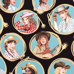 Puede incluir: Un fondo negro con un patrón repetido de vaqueras con sombreros de vaquero y camisas a cuadros. Cada vaquera está enmarcada en un círculo de cuerda con un fondo azul.