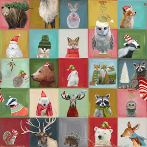 May include: A grid pattern fabric featuring various woodland animals including bears, foxes, owls, rabbits, raccoons, and deer. Many animals wear festive holiday accessories like Santa hats, scarves, and sweaters against colourful square backgrounds.