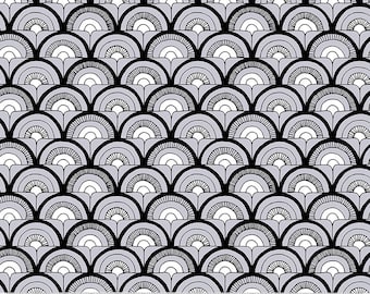 May include: A seamless pattern featuring a repeating design of black and white stylized rainbows on a gray background.