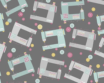 SEWING MACHINE on grey Maker Words to Quilt 0.5 meters cotton fabric by Benartex