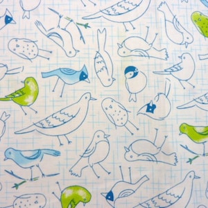 May include: A white background with a blue grid pattern features a variety of blue, green, and white birds. The birds are drawn in a simple, whimsical style.
