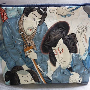 JAPAN cosmetic bag Samurai in denim jeans jackets swords and fighters Asia