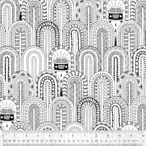 Peut inclure: Illustration en noir et blanc d'un motif répétitif d'arches aux motifs complexes. Les arches sont remplies de formes géométriques et de motifs variés. Deux petites voitures noires et blanches circulent dans les arches.