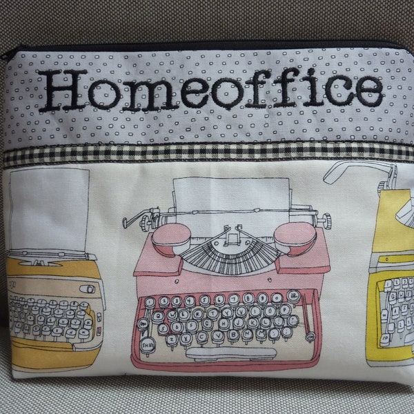 Cosmetic bag home office, typewriter embroidered text cotton office