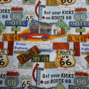 Obtenez vos coups de pied sur Road 66 Road Trip 0,5 mètre de tissu en coton de Blank Quilting Patchwork