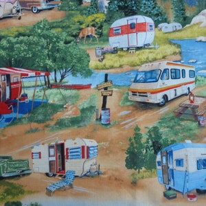 May include: A colorful illustration of a camping scene with various types of RVs, including a red and white camper, a blue and white camper, and a white motorhome. The scene also includes a deer, trees, and a river.