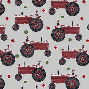May include: A repeating pattern of red tractors with black tires and details, accented by red, green, and white star shapes and small birds. The tractors are set against a light gray background, creating a rustic, country theme.