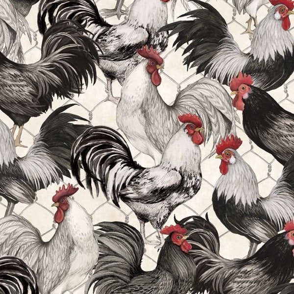 Proud Rooster Chickens and Rooster Chicken Yard 0,5 mètre de tissu en coton de Wilmington Fabrics
