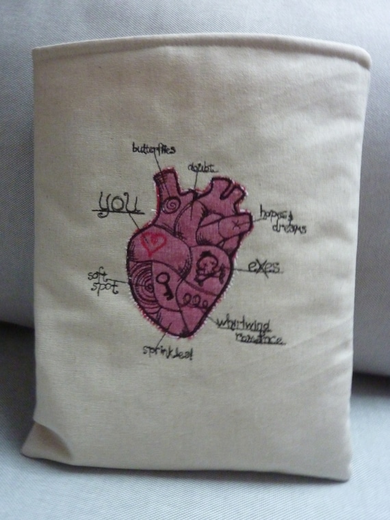 Book Bag HEART Anatomy Book Cover Padded and Embroidered With a