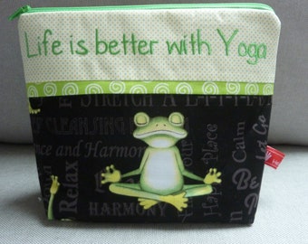 YOGA Frog Cosmetic Bag Life is better with Yoga Namaste Exhale Inhale embroidered text