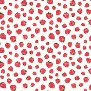 Könnte beinhalten: Ein nahtloses Muster aus roten Erdbeeren auf weißem Hintergrund. Die Erdbeeren sind in einem einfachen, handgezeichneten Stil gezeichnet.