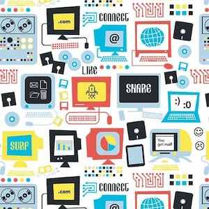 Könnte beinhalten: Eine farbenfrohe Illustration im Retro-Stil mit Computer-Icons und Symbolen, darunter eine Diskette, ein Computermonitor mit dem Text "SURF" und ein Computermonitor mit dem Text "SHARE".