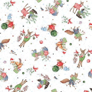 May include: A repeating pattern on a white background featuring watercolour illustrations of woodland animals in festive attire. Deer, squirrels, rabbits, and raccoons are dressed in sweaters and hats, carrying gifts and ornaments.