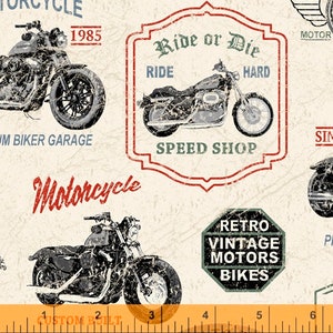 Né pour rouler sur la Route 66 America Skulls Road Map Motorcycles tissu en coton de 0,5 mètre par Windham Fabrics Skulls