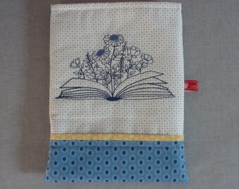 Book bag padded and embroidered with book and flowers book cover protective booksleeve
