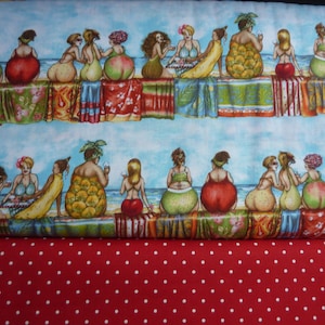 Fabric package Fruit Ladies Beauties on the Beach 4 complete rows and 0.5 meters of red fabric with white dots Cotton fabric